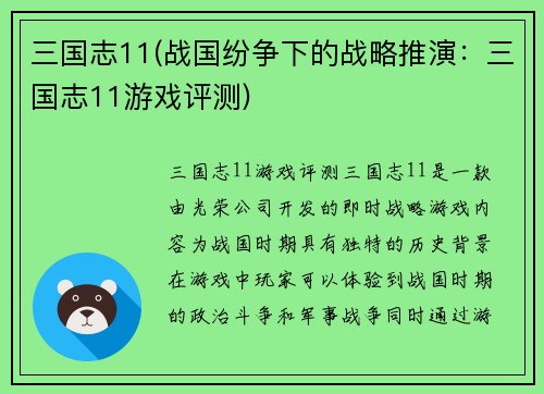 三国志11(战国纷争下的战略推演：三国志11游戏评测)
